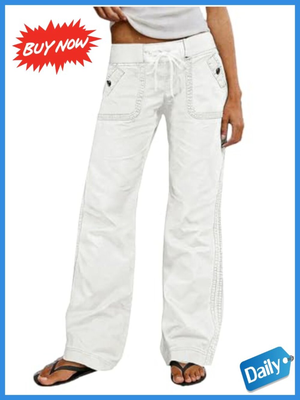 Straight Leg Drawstring Waist Cotton Pants Casual Office Travel